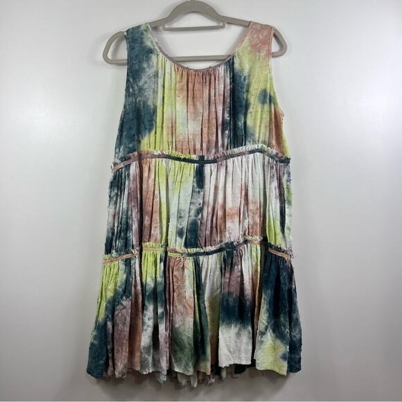 Babydoll Tie Dyed Easel Swiss Dot Tiered Mini Dress Small Boho Hippie Cottage - Picture 8 of 14